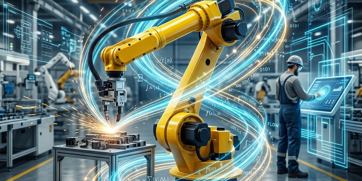 近代的な精密工場において、稼働する黄色の協働ロボットアームと、その周囲を包むように流れるデジタルデータや光のアルゴリズムトレイル、ネットワークグリッドなどの視覚効果が重なり合った、芸術的でフューチャリスティックなメインビジュアル写真