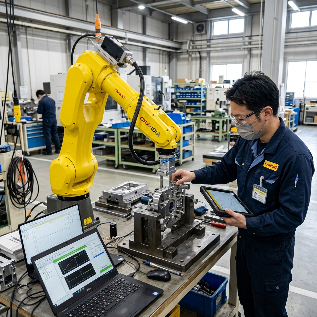 開発現場のクリーンなワークショップにおいて、日本のエンジニアが実際のワークピースを用いて黄色の協働ロボットアームの微調整やキャリブレーションテスト（試作・検証）を行っている実写写真