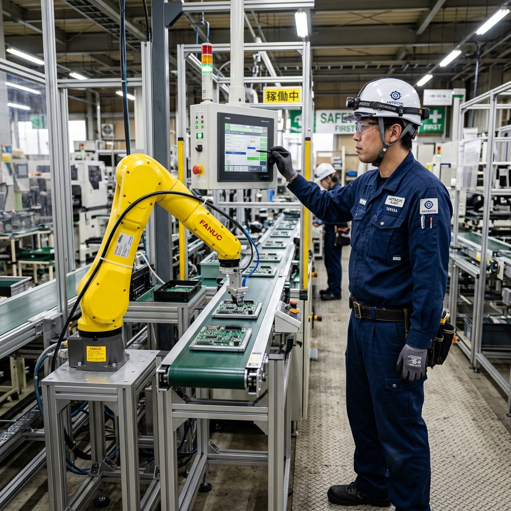 工場の量産ラインに設置された黄色い協働ロボットシステムの導入シーンと、ヘルメットを着用した作業員が操作方法のレクチャーを受けて立ち上げ支援を行っている様子