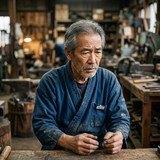 後継者不足や技術継承に悩む、高齢の日本人熟練職人の困り顔アバター画像