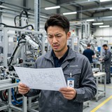 現場に合わないロボット設計仕様に頭を抱える、若手の日本人男性エンジニアの困惑アバター画像